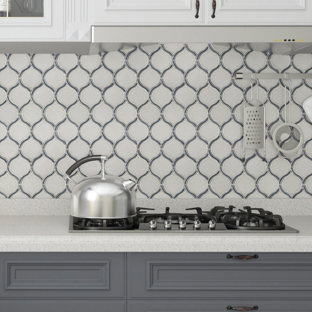 Glossy White and Gray Glass Arabesque Mosaic Wall Tile