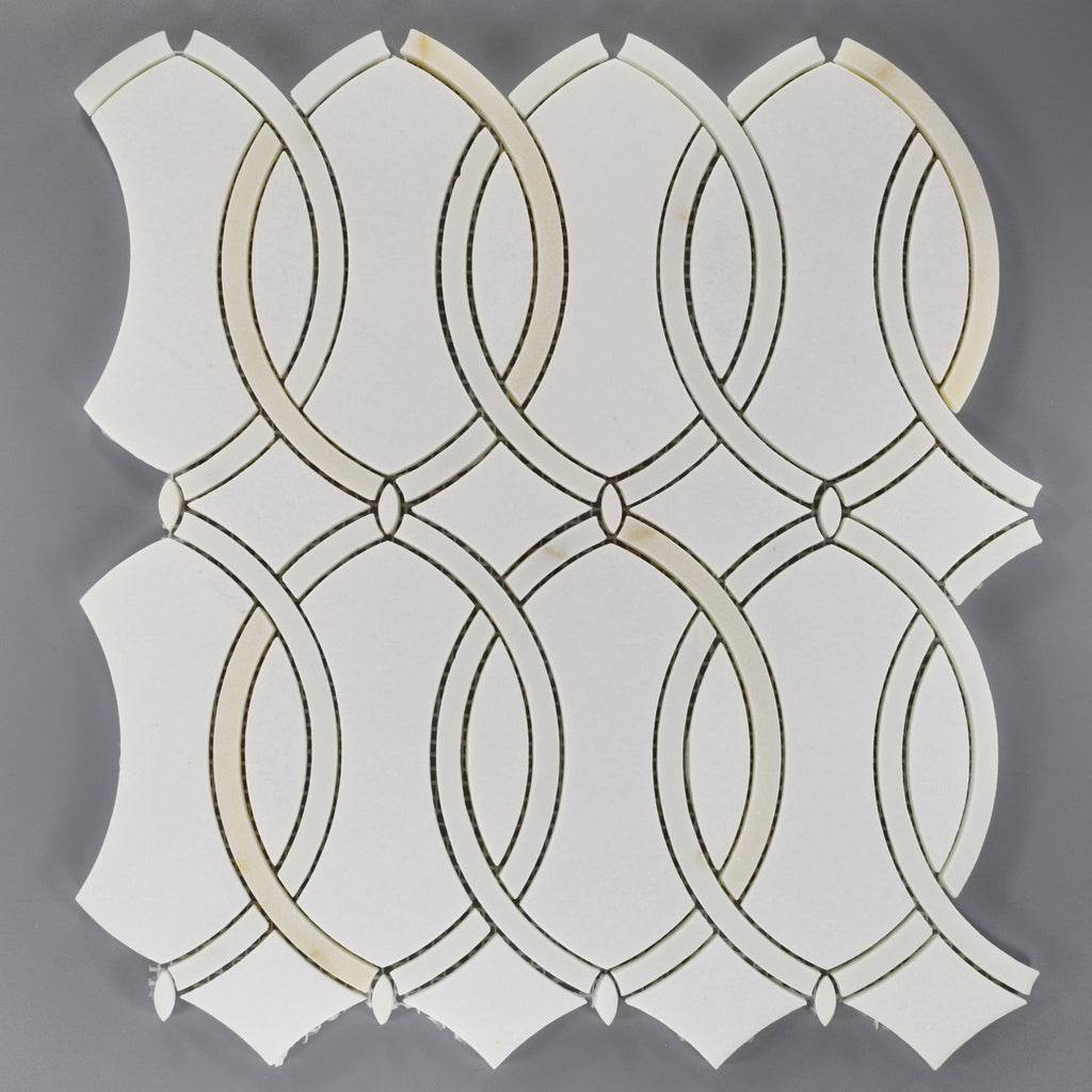 Calacatta and Thassos Marble Waterjet Mosaic Tile in Interlocking Ovals