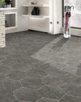 Distressed Wood Look Gray Hexagon Tile Lobby Floor