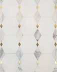 Calacatta and Thassos Marble with Brass Accent Waterjet Mosaic Tile in Falling Diamonds - TileBuys
