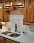 Kitchen Sink and Wooden Cabinets with Calacatta Marble Arabesque Tile Backsplash