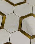 Calacatta Gold Marble with Gold Metal Waterjet Mosaic in Golden Hexagons - TileBuys