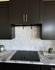 White and Gold Kitchen Picket Tile Backsplash