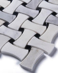 Carrara (Carrera) Venato Marble Mosaic Tile - Bone Basketweave Strips with Black Marble Accent Squares - Polished | TileBuys