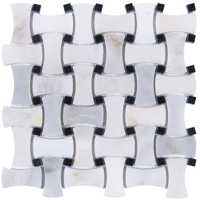 Carrara (Carrera) Venato Marble Mosaic Tile - Bone Basketweave Strips with Black Marble Accent Squares - Polished | TileBuys