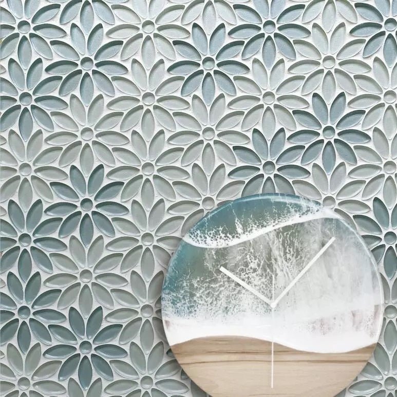 Crystal Blue Daisy Flowers Glass Mosaic Tile - TileBuys