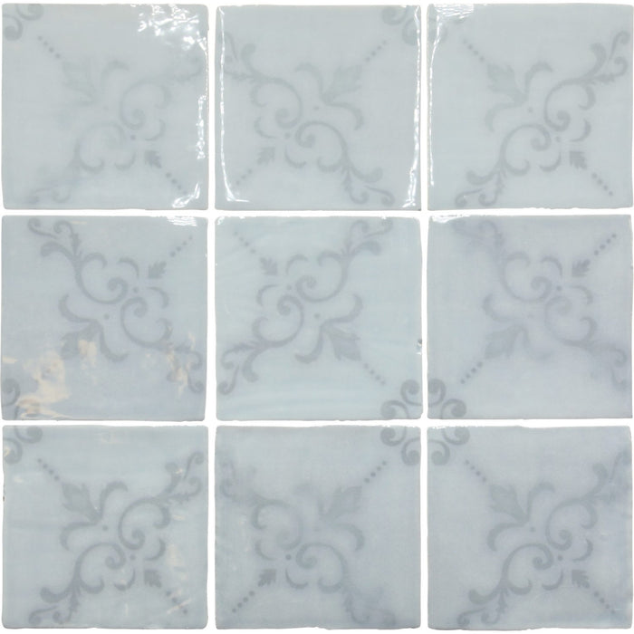 Fleur De Lis Deco 5 x 5 Tile in Glossy Sky Blue Ceramic