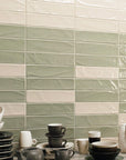 3x12 Ceramic Subway Tile Backsplash in Light Beige and Coastal Sage Green