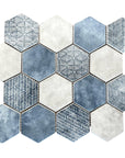 Matte Denim Blue and Ash White Patterned Glass Hexagon Mosaic Tile - TileBuys