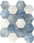 Matte Denim Blue and Ash White Patterned Glass Hexagon Mosaic Tile - TileBuys