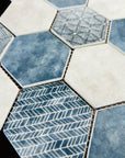 Matte Denim Blue and Ash White Patterned Glass Hexagon Mosaic Tile - TileBuys