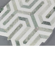 Closeup of Ming Green and White Thassos Marble Greek Key Mosaic Tile on Gray Background