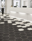 Lobby Floor Covered in Wood Look Hexagon Tiles (Mix of Black Hex Tiles & White Tiles)