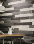 Wall Tiled with Mix of White, Gray & Black 3x24 Wood Look Porcelain Tiles