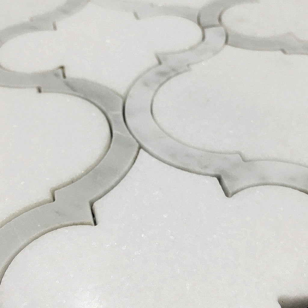 White Thassos and Bianco Carrara Marble Waterjet Mosaic Tile in Arabesque Marrakech
