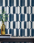 White Thassos Marble and Blue Inkjet Glass Picket Tile Accent Wall
