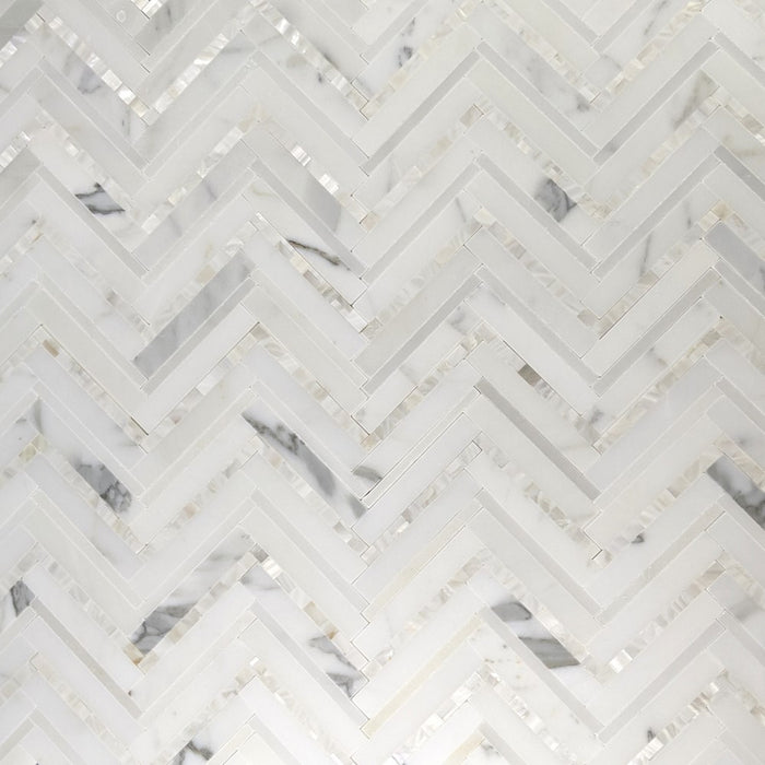 Calacatta (Calcutta) Marble and Mother of Pearl Waterjet Mosaic Tile in Deluxe Herringbone | TileBuys