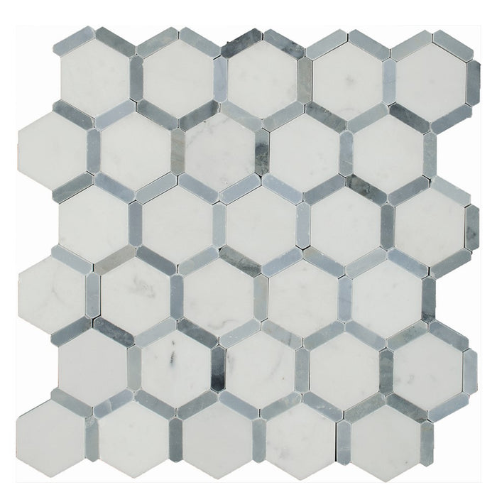 Carrara White and Milano Grey Marble Mosaic Tile in Outlined Hexagons | TileBuys
