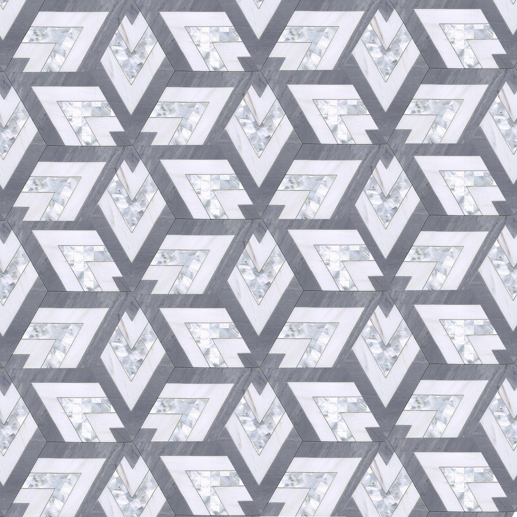 Large Patterned Hexagon Waterjet Mosaic Tile in Dolomite White, Latin Gray Marble, Mother of Pearl | TileBuys