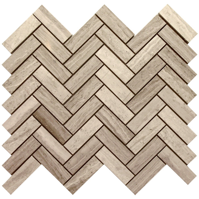 Wood Grain Marble Mosaic Tile in Herringbone Pattern | TileBuys