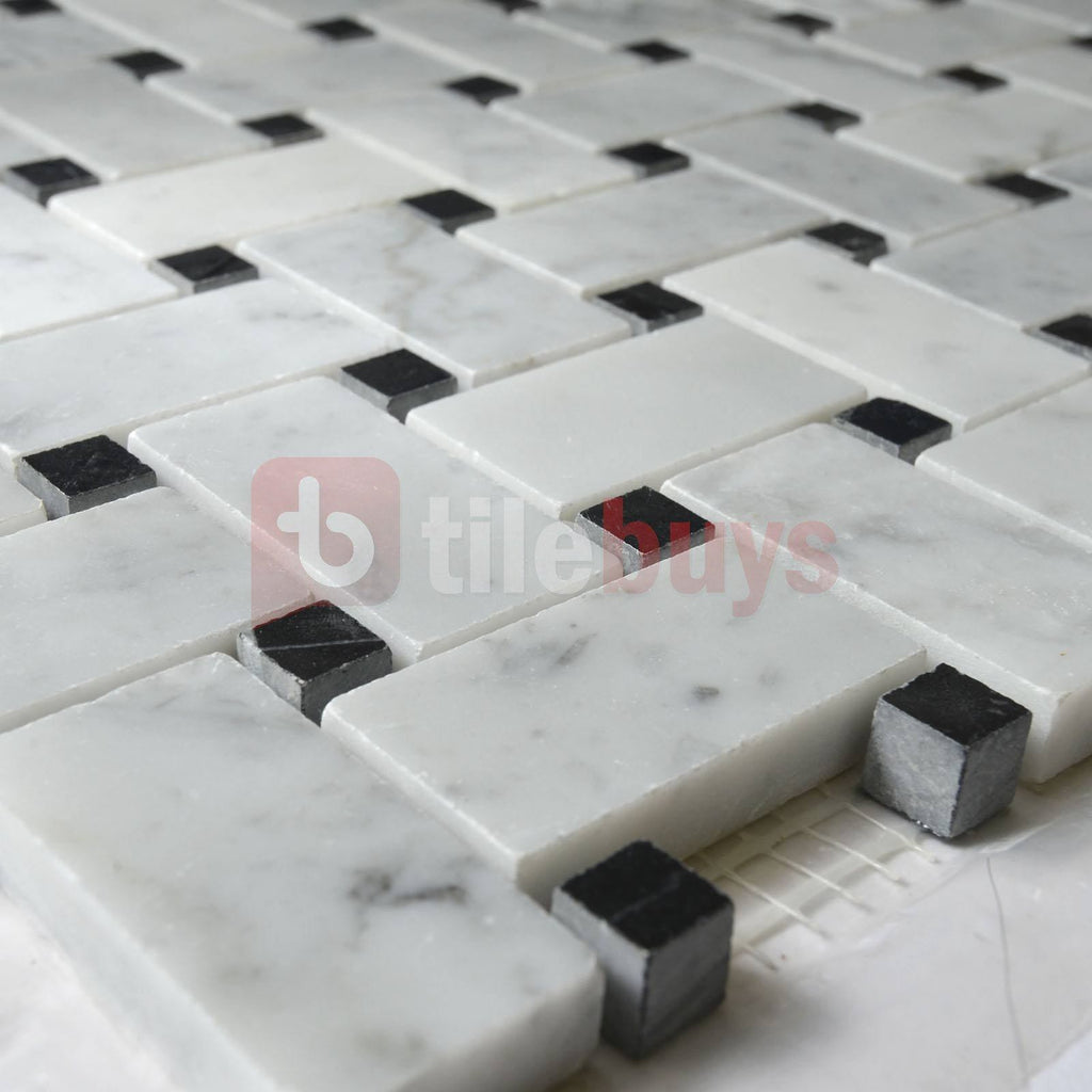5 Sq Ft of Carrara White and Nero Black Marble Mosaic Tile in 1x2" Basketweave Pattern | TileBuys