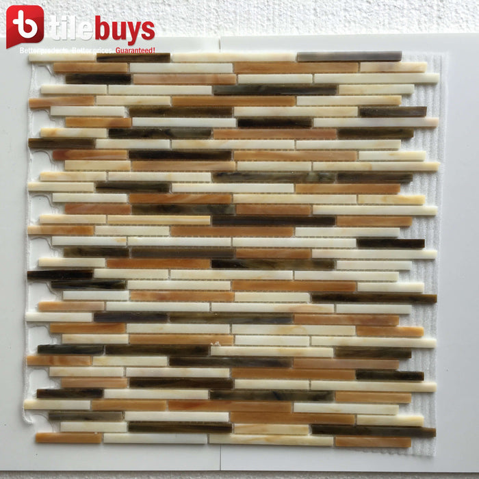 Beige & Brown Glass Thin Linear Strip Mosaic Wall Tile | TileBuys