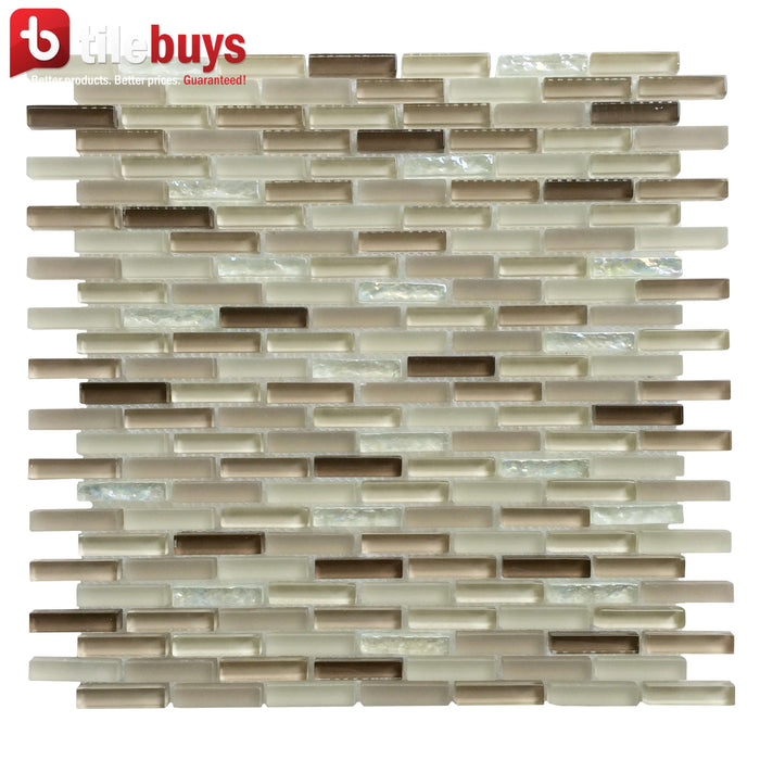 Beige, White & Brown Glass Mini Linear Strip Mosaic Tile | TileBuys
