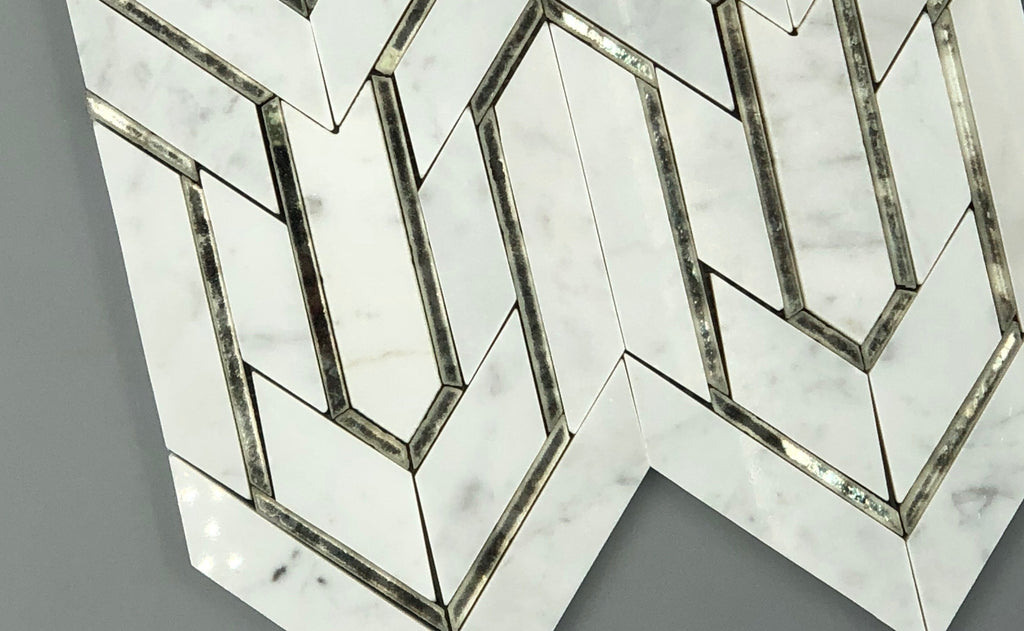 Bianco Carrara Marble and Antique Mirror Glass Waterjet Mosaic Tile in Greek Key Meandros | TileBuys