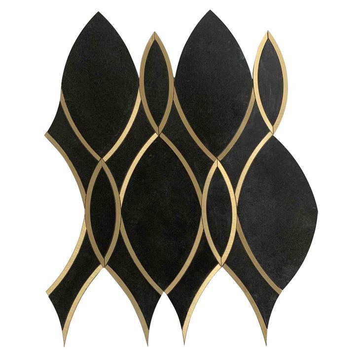 Black Porcelain and Gold Metal Ribbon Mosaic Tile - Black and Gold Art Deco Tile | TileBuys