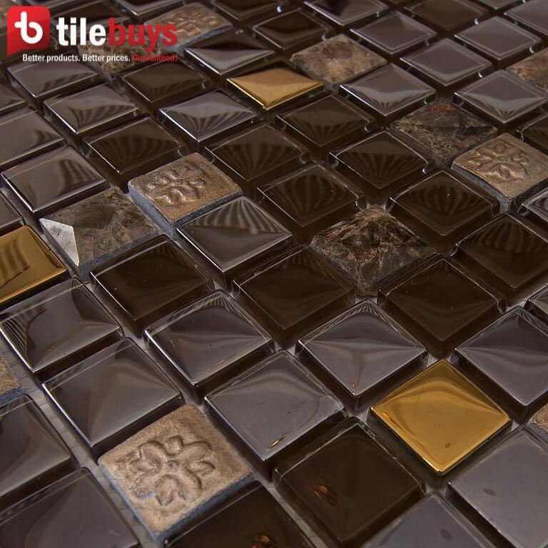5 Sq Ft of Brown Stone & Bronze Glass Mosaic Tile - 1" Squares | TileBuys