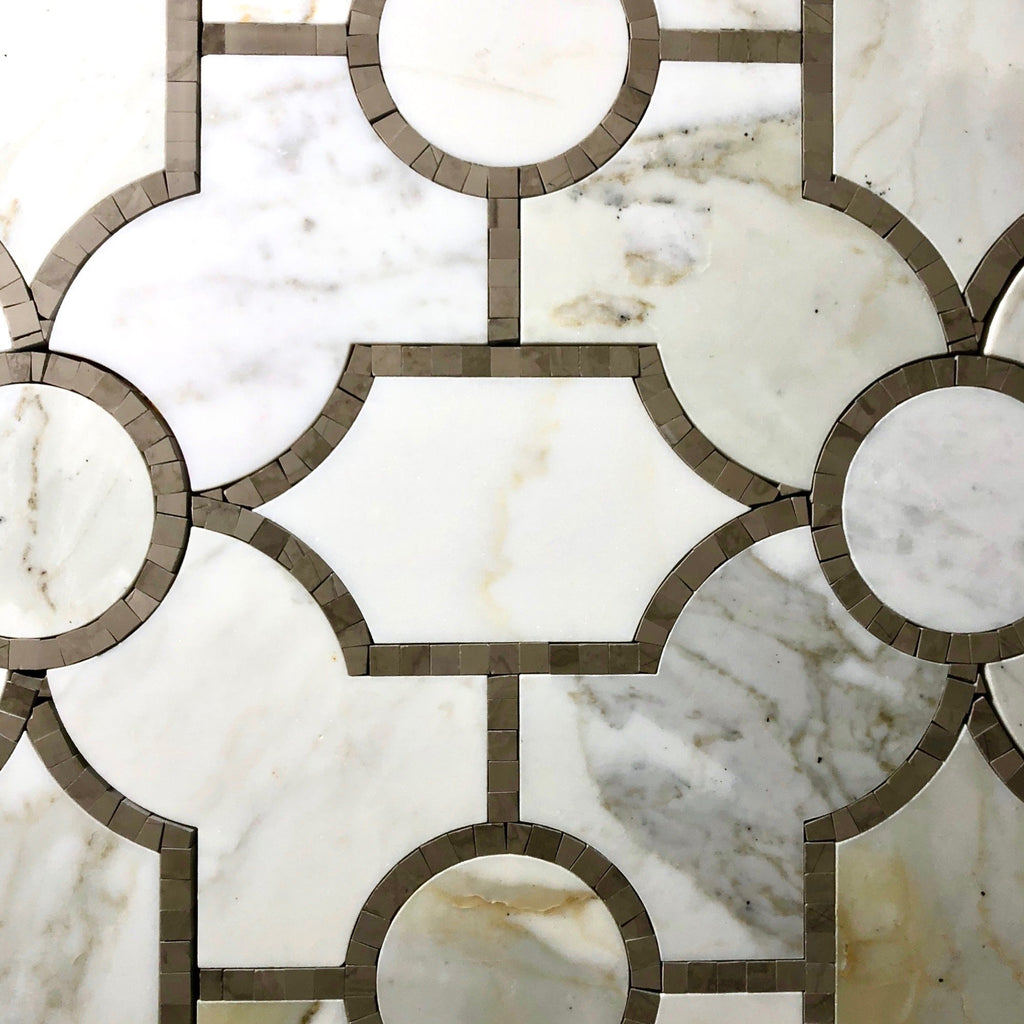 Calacatta Gold Marble and Athens Brown Waterjet Mosaic Tile in Sinuous | TileBuys