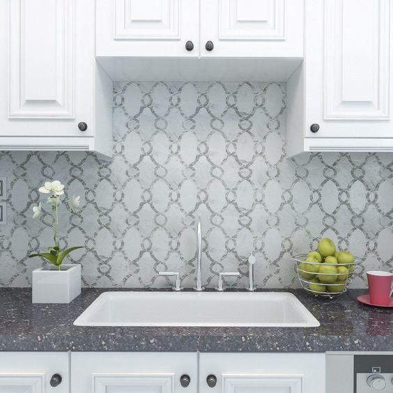 Carrara Bianco Marble and Antique Mirror Glass Waterjet Mosaic Tile in Bellagio | TileBuys