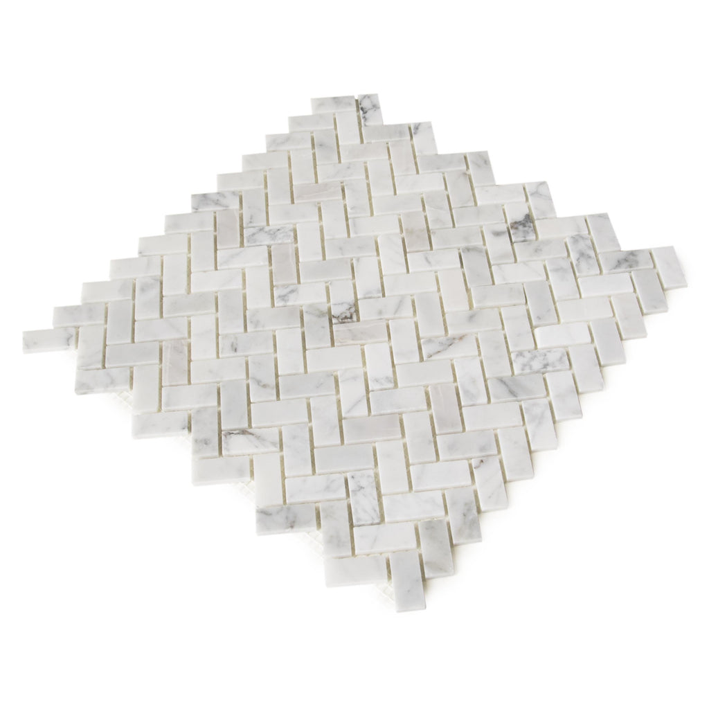 Carrara Bianco Marble Mosaic Wall Tile - 1x2" Mini Brick Herringbone - Polished | TileBuys