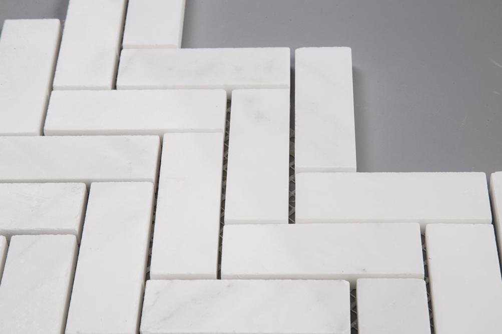 Carrara (Carrera) Venato Marble Mosaic Tile - 1x3” Herringbone - Polished | TileBuys
