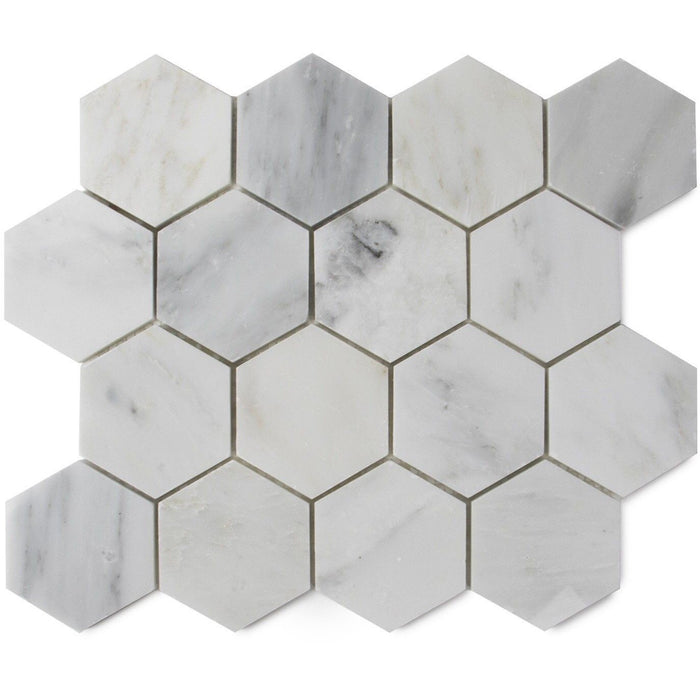 Carrara (Carrera) Venato Marble Mosaic Tile - 3” Hexagons - Polished | TileBuys