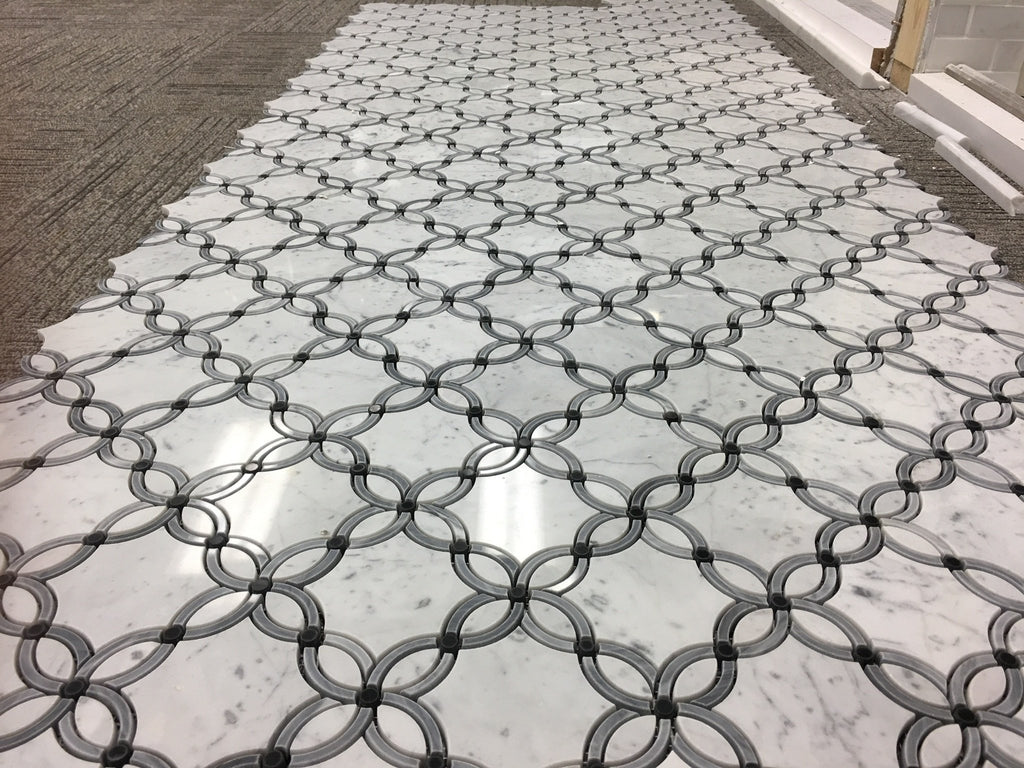 4.2 SQ FT of Carrara White and Bardiglio Grey Marble Waterjet Mosaic Tile in Petal Blossoms | TileBuys