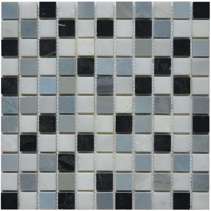 5 Sq Ft of Carrara White, Blue Moonstone & Nero Black Marble 1x1" Squares Mosaic Tile in Grecian Moon | TileBuys