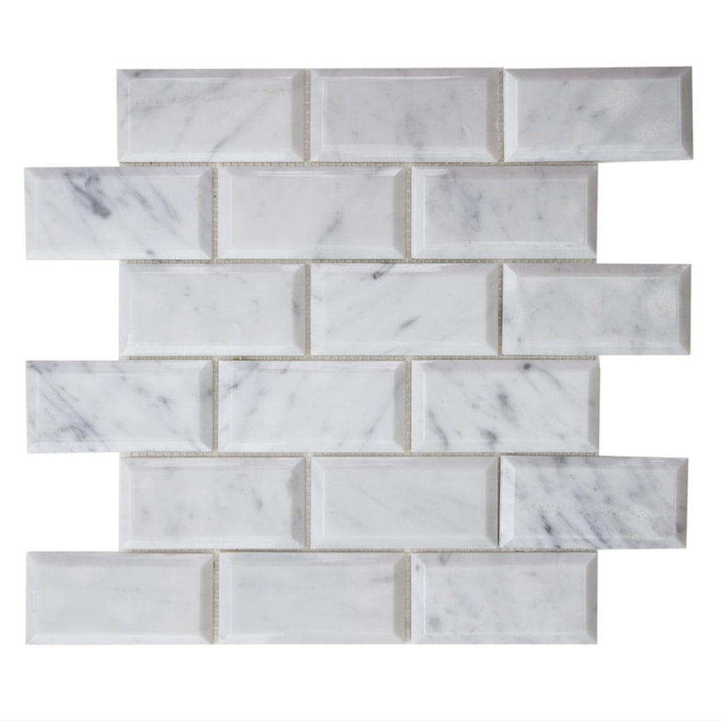 5 Sq Ft of Carrara White Marble Mosaic Tile in Beveled 2x4" Mini Brick Subway Tiles | TileBuys