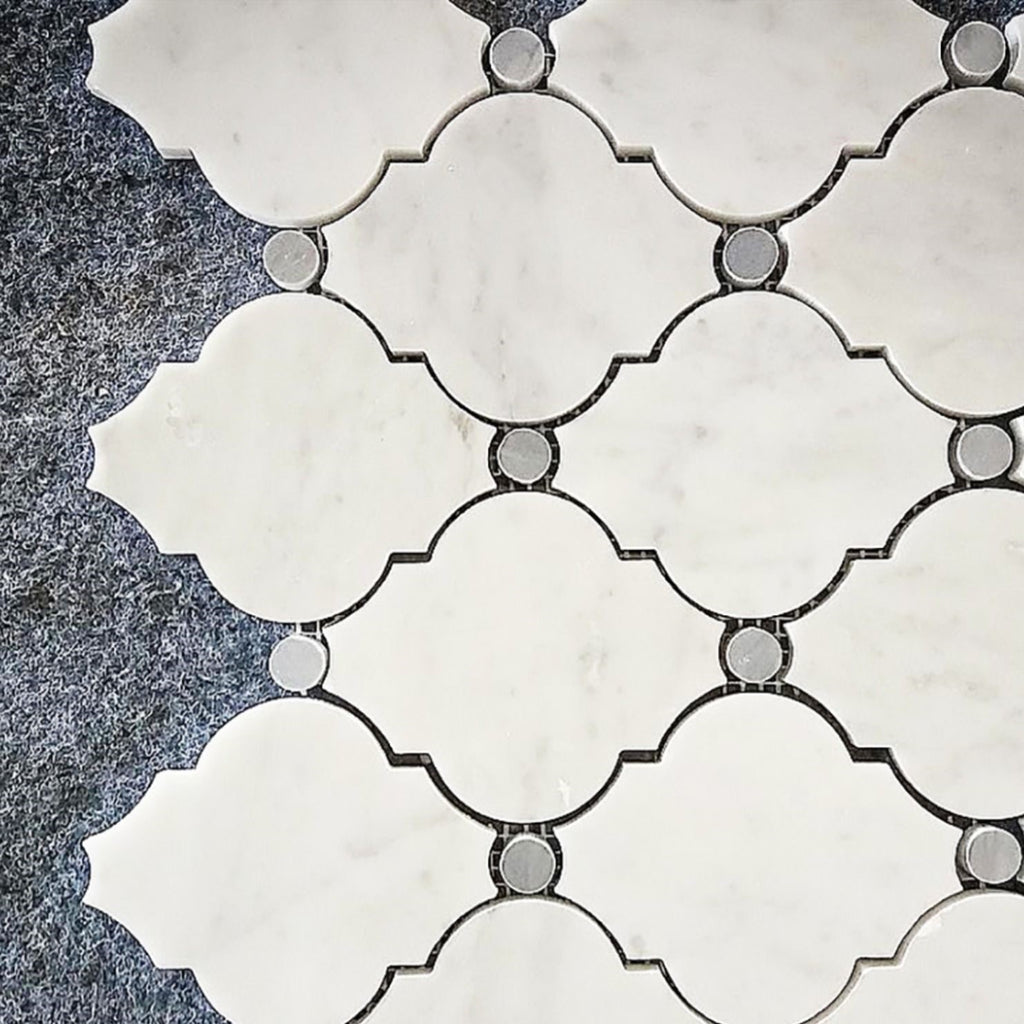 Carrara White Waterjet Mosaic Tile with Grey Marble Accent Dots in Safi Lanterns | TileBuys