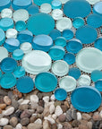 5 Sq Ft of Coastal Bubbles Blue + Green Glass Mosaic Penny Circle Round Tile (5 Sq Ft) | TileBuys