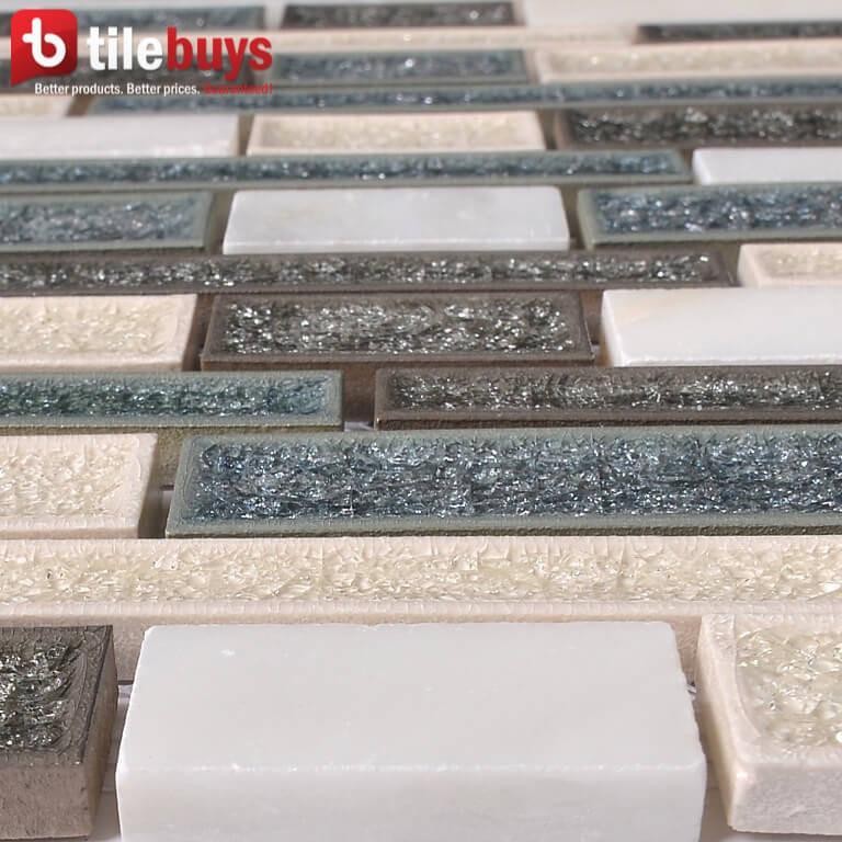 4.8 Sq Ft of Crackled Glass & Stone Strip Mosaic Tile in Gray & Off-White | TileBuys
