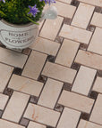 Crema Marfil Marble Mosaic Tile - 1x2" Basketweave Strips with Dark Emperador Accent Squares - Polished | TileBuys