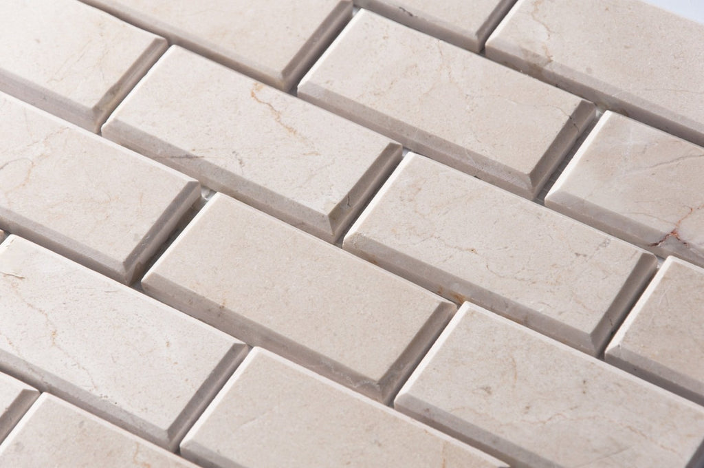 Crema Marfil Marble Mosaic Tile in Beveled 2x4" Mini Brick Subway Tiles Pattern - Polished | TileBuys