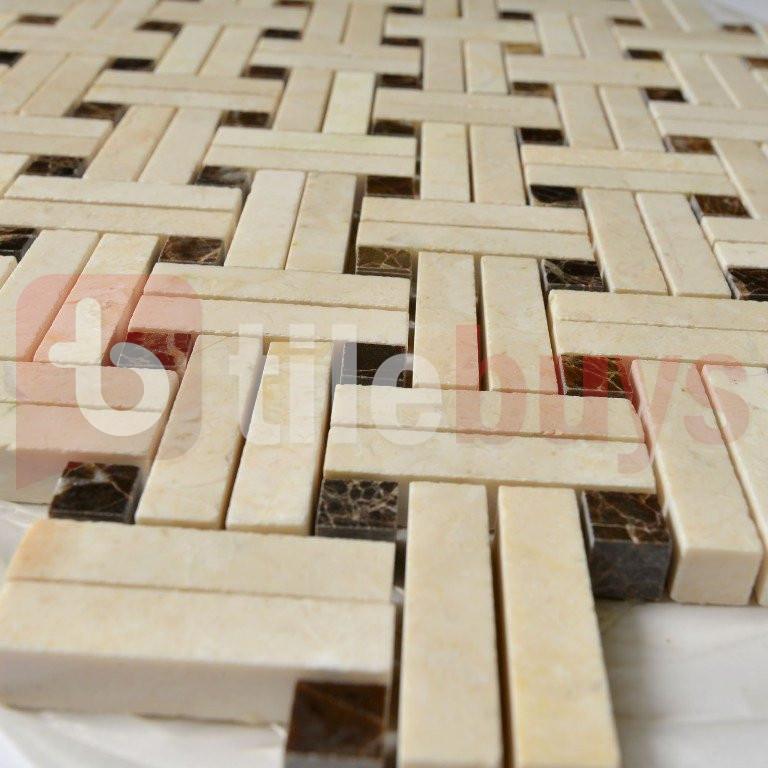 5 Sq Ft Crema Marfil and Dark Emperador Marble Mosaic Tile - Knot Basketweave | TileBuys
