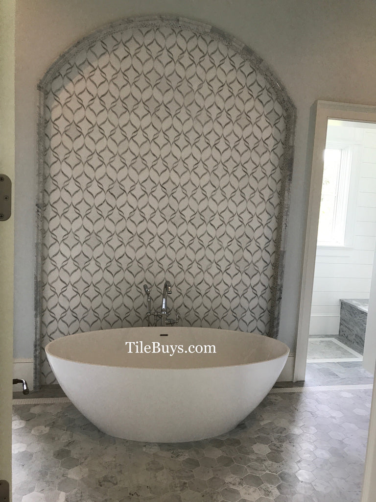 White Thassos and Bianco Carrara Marble Waterjet Mosaic Tile in Ballet Ribbon | TileBuys