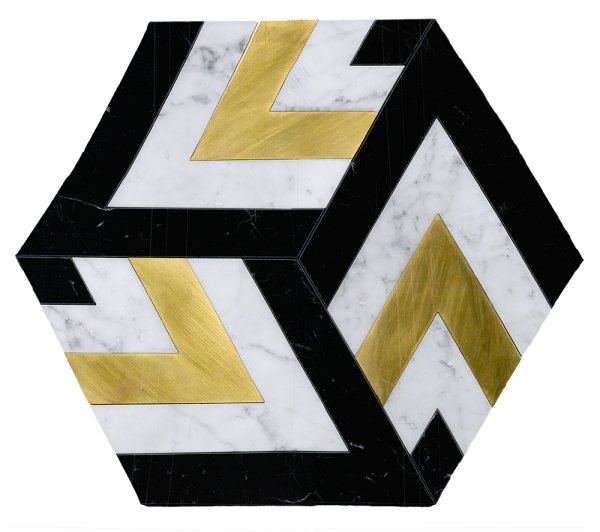 Large Patterned Hexagon Waterjet Mosaic Tile in Calacatta, Black Marble, Brushed Gold Metal | TileBuys