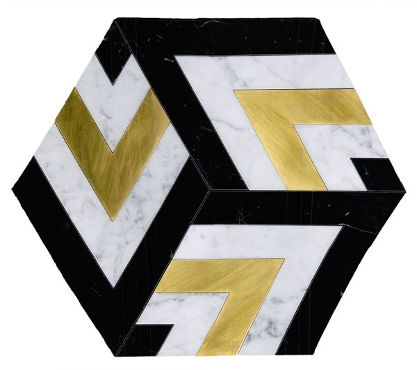 Large Patterned Hexagon Waterjet Mosaic Tile in Calacatta, Black Marble, Brushed Gold Metal | TileBuys