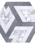 Large Patterned Hexagon Waterjet Mosaic Tile in Dolomite White, Latin Gray Marble, Mother of Pearl | TileBuys