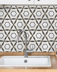 Luxe Geometric Waterjet Mosaic Tile in Calacatta, Nero Black Marble, Brushed Gold Metal | TileBuys
