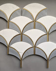 White and Gray Marble Scallop Tile Backsplash with Gold Accents | TileBuys